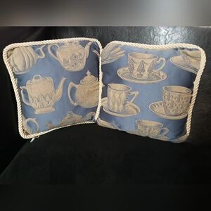 Vintage 11"x11" Blue Decorative Throw Pillows with Beige Teapot & Teacup Pattern